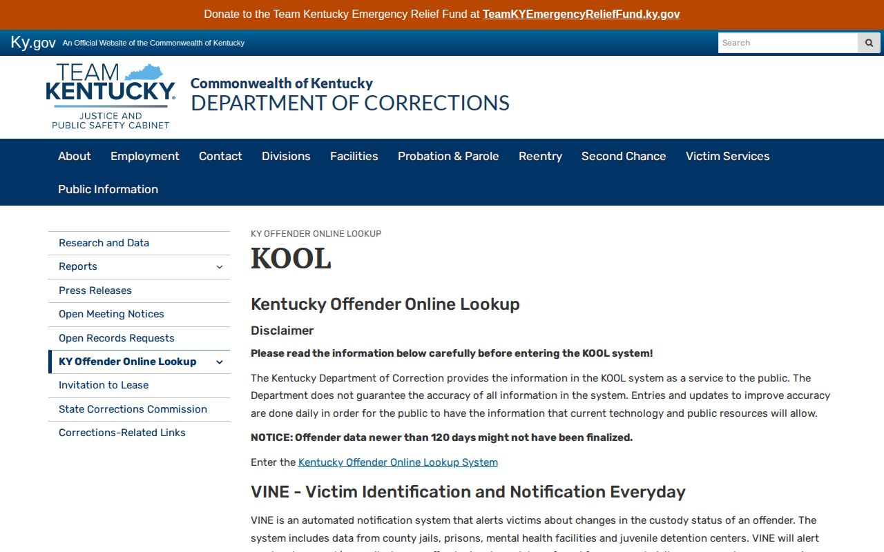 Kentucky Department of Corrections KOOL offender lookup information page
