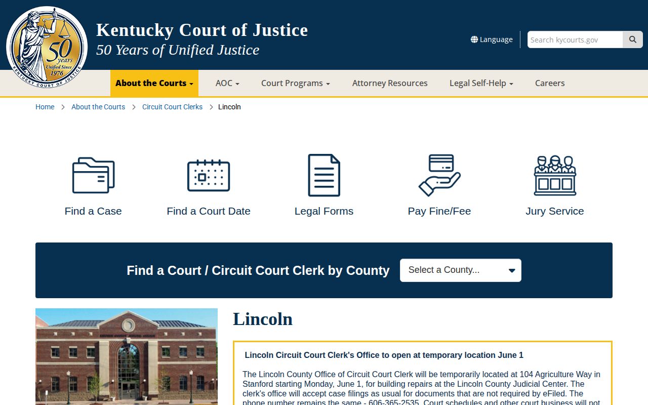 Kentucky Court of Justice Lincoln County court information and clerk contact page