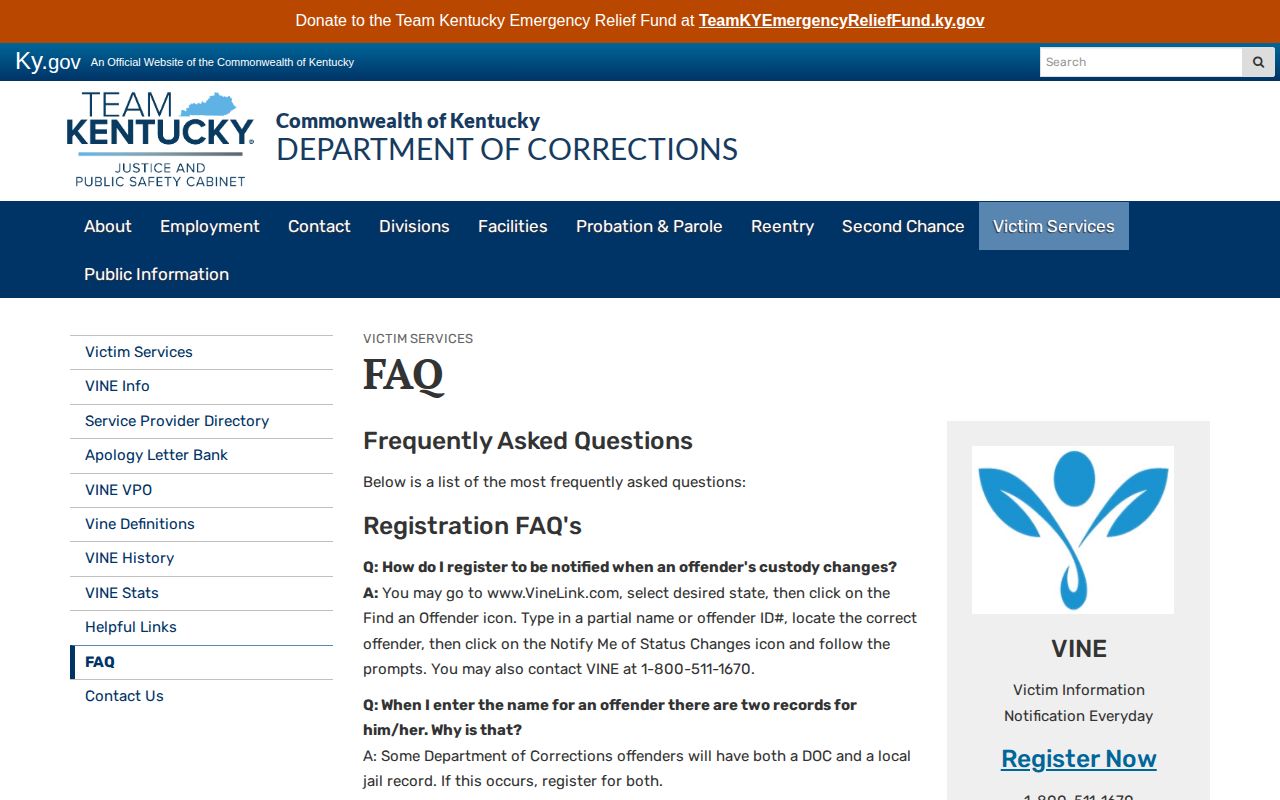 Kentucky Department of Corrections VINE frequently asked questions