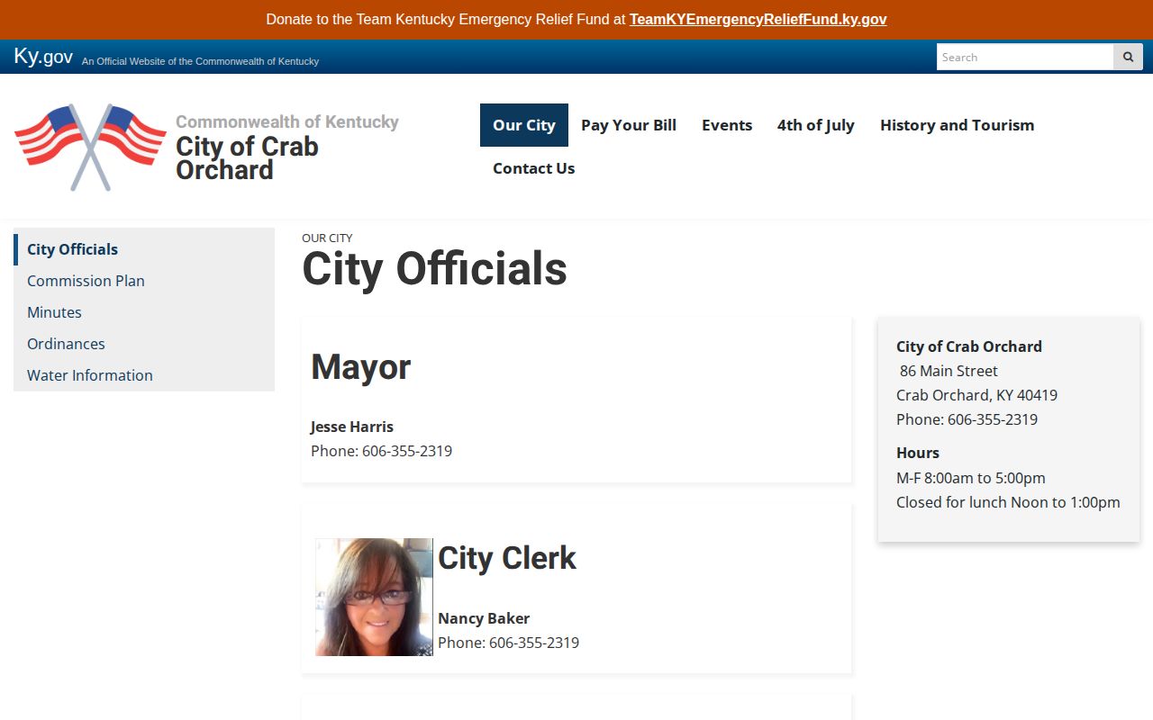 Official Crab Orchard city officials webpage with police chief and municipal contact information
