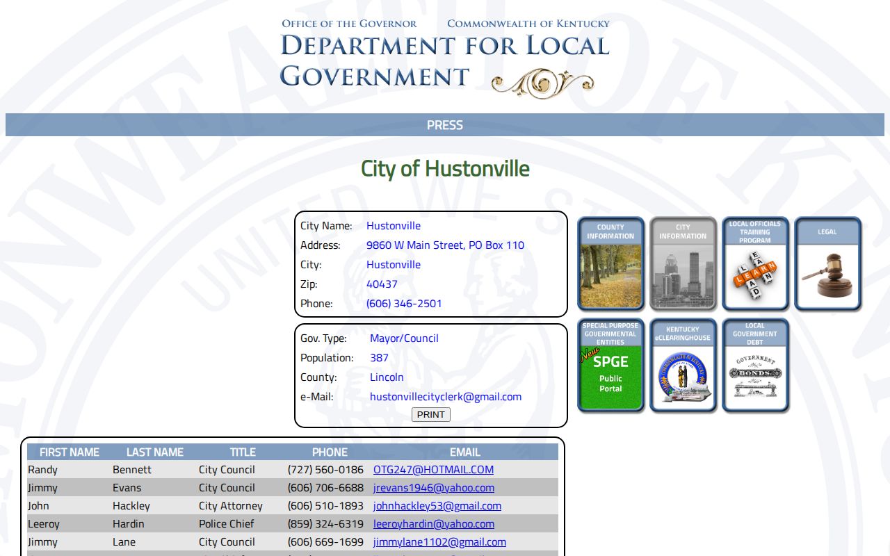 Kentucky Department for Local Government official Hustonville city record and contact listing